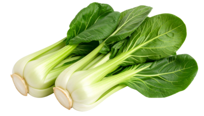 Fresh pak choi vegetables with vibrant green leaves, showcasing crisp texture and nutritional value, isolated on clean transparent backdrop