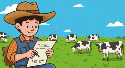 A young farmer sits in a field, jotting down notes about his cows under a clear blue sky