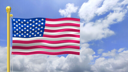 usa flag waving against cloudy sky. beautiful view of waving usa flag with golden flag pole and cloudy sky
