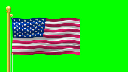 usa flag waving in air and golden flag pole illustration on green screen. national flag of united states of america cut out image.