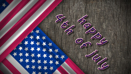 happy 4th of july greetings with two waving national flag on wooden background. usa independence day blessings illustration.