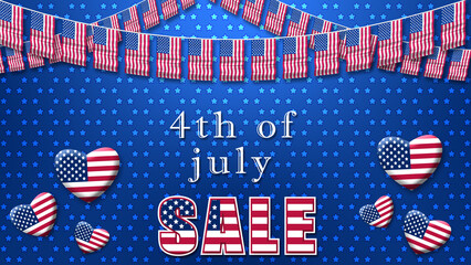 4th of july sale text in usa national flag texture with decoration and blue star background. concept for usa independence day celebration sale.