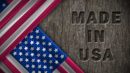 made in usa text in wooden background and two flag of usa. concept of American made goods american products.