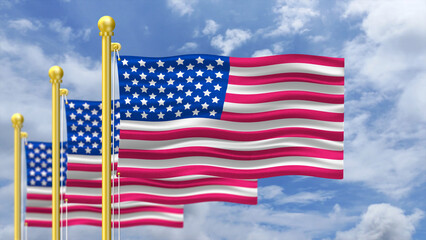 three American flag waving against a cloudy blue sky on a golden pole in bright day. concept for celebrating independence day and national events