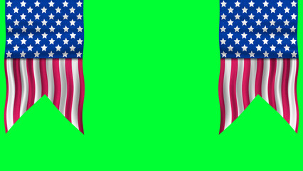 two usa flag waving up to down side on green screen with traditional decoration cut out. illustration for usa flag decoration.
