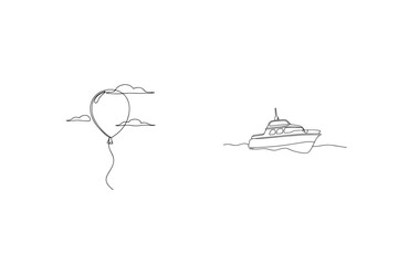 One line drawings of balloon and motorboat floating against a white background