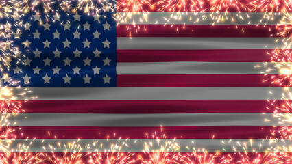 vibrant fireworks frame on waving usa flag. concept for usa national holiday and copy space for greetings. 4th of july theme illustration.