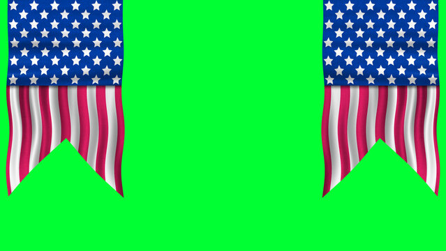 two usa flag waving up to down side on green screen with traditional decoration cut out. illustration for usa flag decoration.