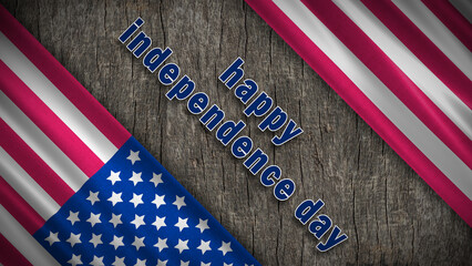 happy independence day greetings on wooden background with usa national flag. concept for celebration of 4th of july.