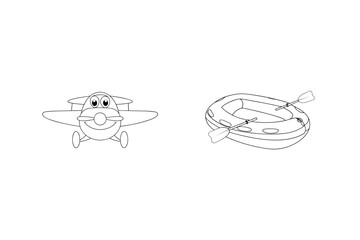 Cartoon airplane and inflatable boat outlined black and white for transportation projects