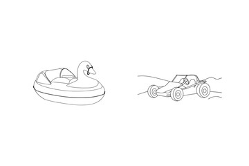 Line art illustration featuring duck boat and buggy racing on a white background