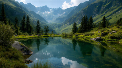 Stunning Mountain Lake with Clear Reflection and Lush Greenery