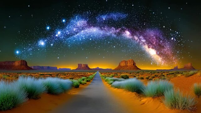 A stunning desert landscape under a starry night sky.