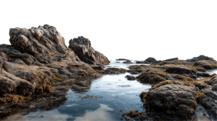 Serene coastal view with rocky formations. transparent background