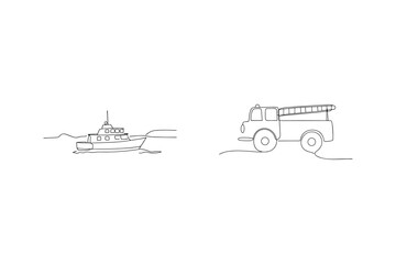 Simple line drawing of a fire truck and boat on white background