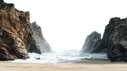 Dramatic coastal view with rocky cliffs and waves. transparent background
