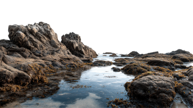 Serene coastal view with rocky formations. transparent background