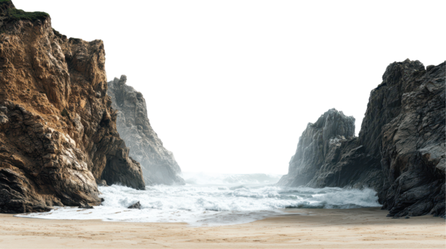 Dramatic coastal view with rocky cliffs and waves. transparent background