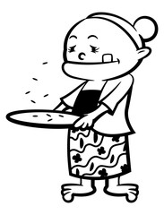 A Grand mother cartoon characters winnowing a rice with traditional tools. Best for outline, logo, and coloring book with traditional agriculture themes