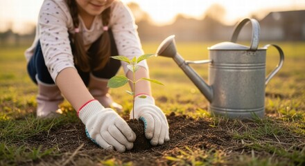 young woman watering plants