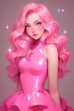 Pink haired woman in glittery dress illustration