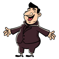 A Businessman Cartoon character wearing a modern formal outfit and greeting a client. Best for sticker, logo, and mascot with business themes