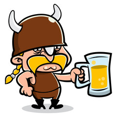 A Viking cartoon characters wearing horned helmet and drinking beer with big mug. Best for sticker, logo, and mascot with scandinavian themes