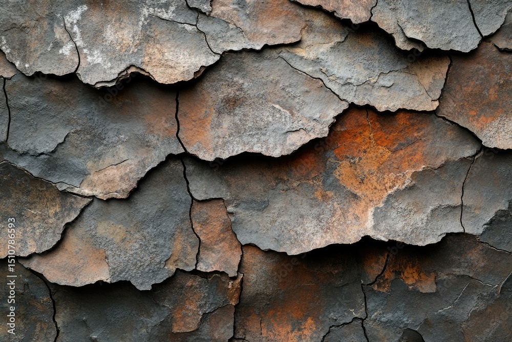 Leinwandbilder Cracked and weathered surface with layered texture, showing rust and dark gray tones.