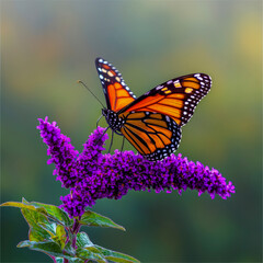 Close up monarch butterfly perched on vibrant purple flower in natural garden habitat for wildlife photography and pollinator conservation campaigns