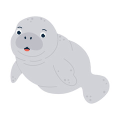 Kawaii cartoon grey manatee with a friendly expression on white background. Flat hand drawn vector illustration