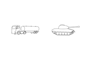 Vector illustration of tank and fuel tanker truck depicting transportation and warfare