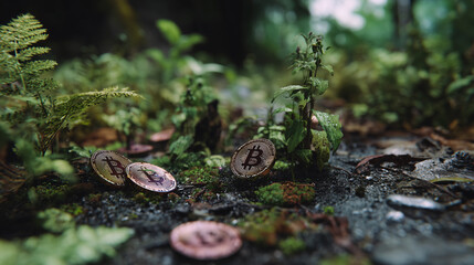 Bitcoin coins scattered on forest floor among plants and moss, symbolizing cryptocurrency in nature or digital wealth and ecology.