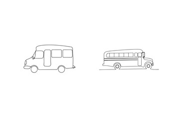 Simple outline drawings of two vehicles including school bus and small van transportation