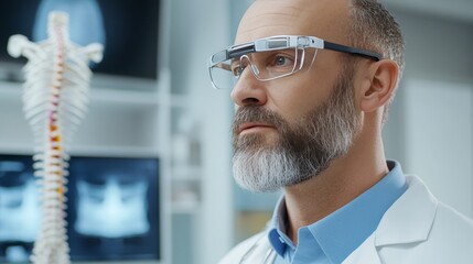 Advanced Medical Examination: Doctor Using Augmented Reality Glasses for Spine Analysis and Digital Diagnosis in a Modern Hospital Setting