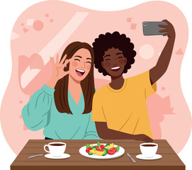 Two women taking selfie at cafe table with coffee and breakfast food vector illustration 
