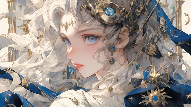 Serene female anime fantasy character with white blue hair, blue eyes, gold jewelry, ethereal background