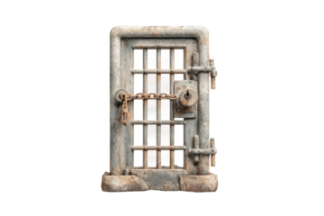 PNG Rusty vintage metal safe with lock and chains isolated on black background