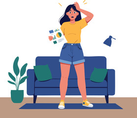 Woman Showing Stress While Holding Financial Report at Home Interior Vector Illustration 
