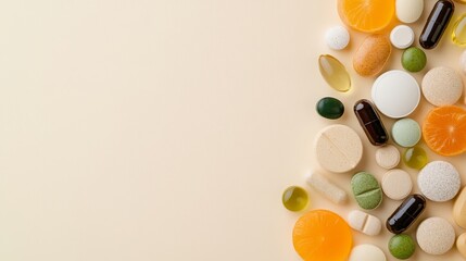 Vibrant Array of Vitamin Supplements: A Palette of Health and Wellness on a Neutral Backdrop, Promoting Healthy Lifestyle Choices