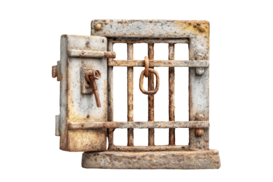 PNG Rusty vintage metal jail door with open bars and old lock