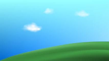 Fototapeta premium 3D landscape with green hills, mountains, and a textured grass field creates a playful eco friendly park scene.Childish vector illustration.