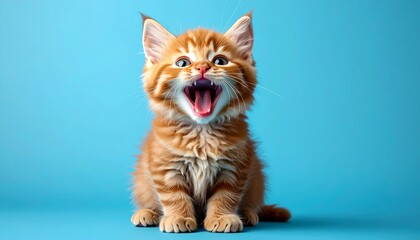 Obraz premium Cute ginger kitty yawning widely on soft blue background. Studio image for pet lovers and animal-themed designs.