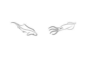 Obraz premium Simple line art illustration of a ray and a squid on a clean white background