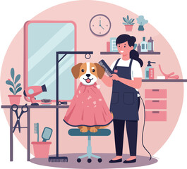 Dog Grooming Salon with Woman Trimming Pet Hair in Modern Interior Vector Illustration 