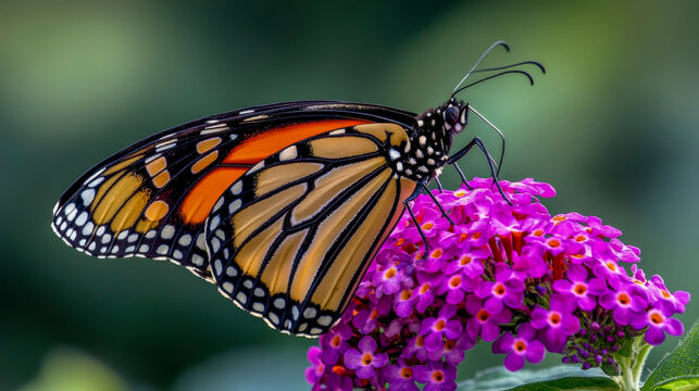 Close up monarch butterfly perched on vibrant purple flower in natural garden habitat for wildlife photography and pollinator conservation campaigns
