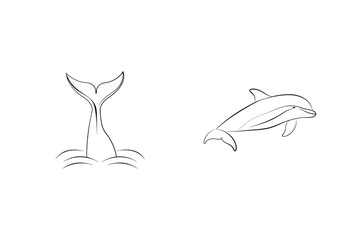 Simple black line art illustration of dolphins performing aquatic activities swimming and diving © Aroti