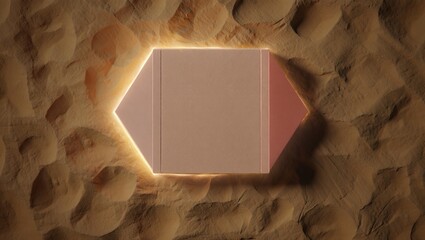 Nature-inspired asymmetric marble platform in a desert environment. Angled perspective with ambient natural light