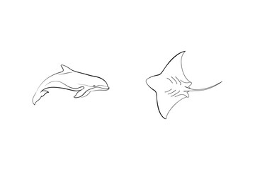 Simple black and white line art illustration of a dolphin and a manta ray