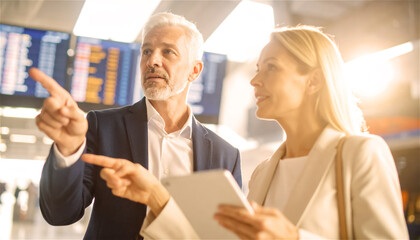 Middle age couple comparing travel data between tablet and info display