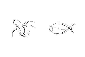 Minimalist line art illustration of an octopus and a fish in monochrome on white background